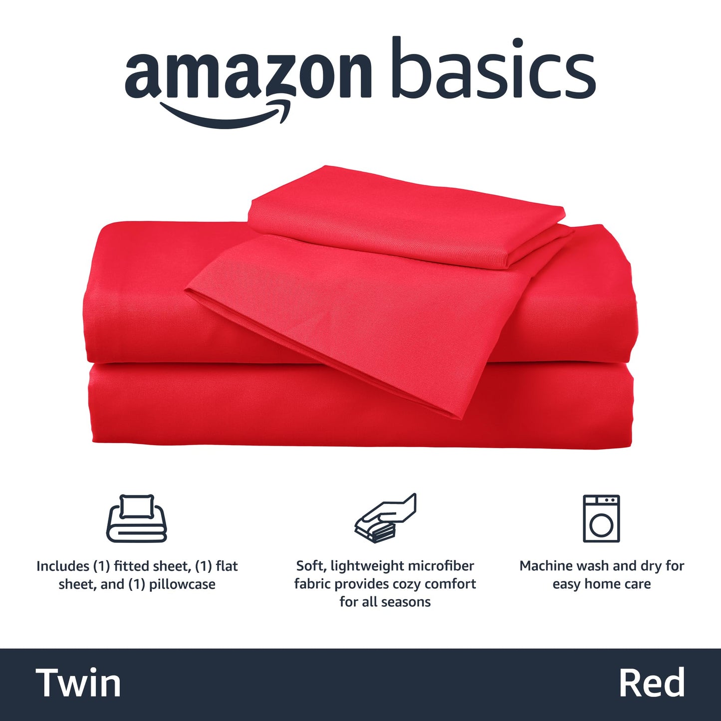 Amazon Basics Kid's Soft, Breathable, Machine Washable Microfiber 3-Piece Sheet Set with Pillowcase, Twin, Red, Solid