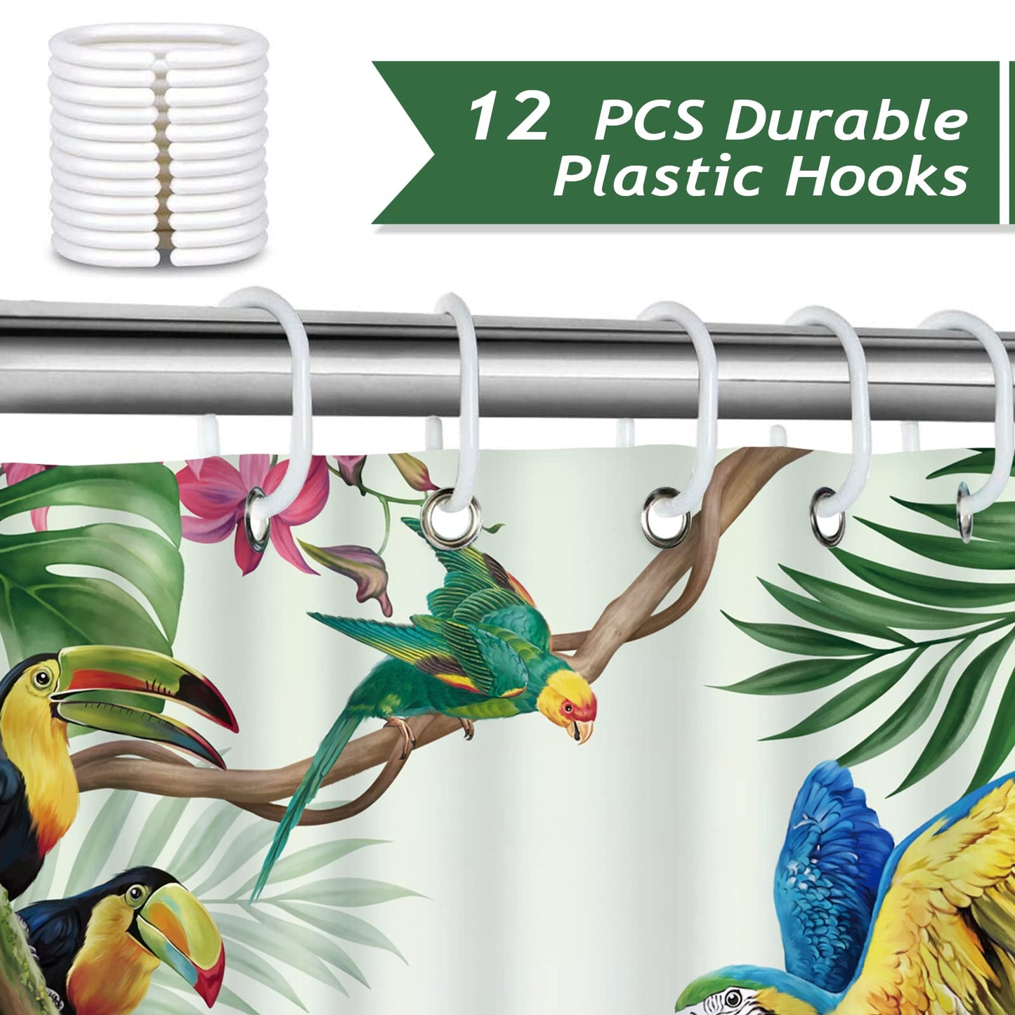 Bonhause Tropical Bird Shower Curtain, Parrot Toucan Palm Leaves Jungle Bathroom Decor 72 x 72 Inch Polyester Fabric Waterproof Bath Curtain with 12 Hooks