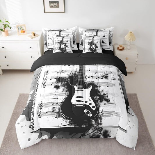 Feelyou Music 7 Pieces Bedding Set Queen Size Guitar Comforter Set with Sheets for Kids Boys Girls Rock Music Bed in a Bag Guitar Instruments Bed Set