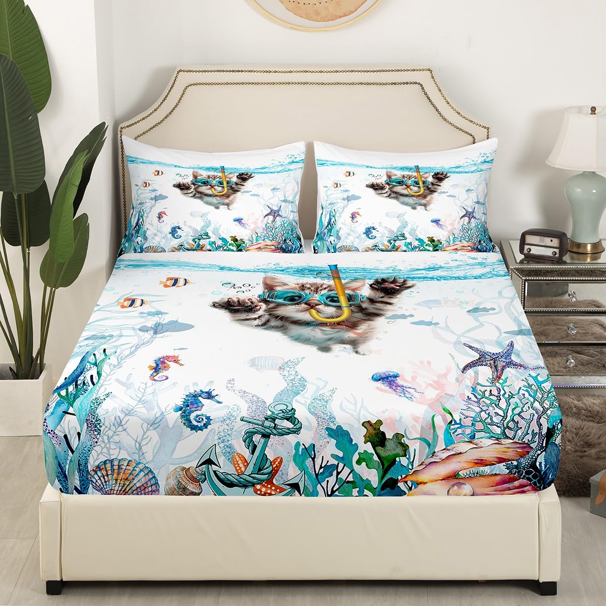 Feelyou Kids Cat Fitted Sheet Twin Size Cats Print Bed Sheet Set for Boys Girls Teens Room Decor Cute Kitten Bedding Set Cute Animal Bed Cover Deep Pocket