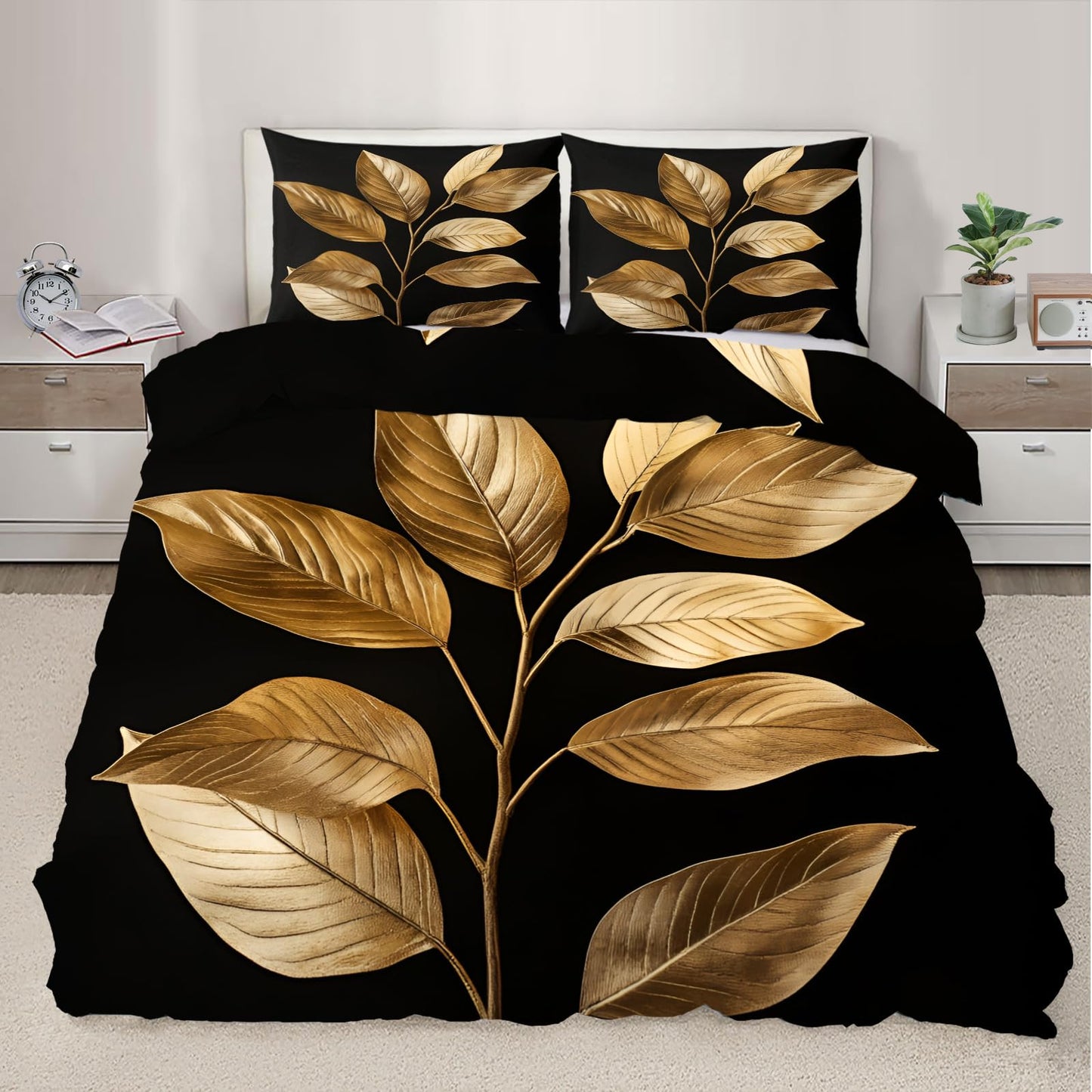 QINYUN Gold Leaves Duvet Cover King Size, Gold Tropical Leaves Bedding Set 3 Piece Bedroom Decor Modern Black Comforter Cover with Zipper Ties & 2 Pillowcases