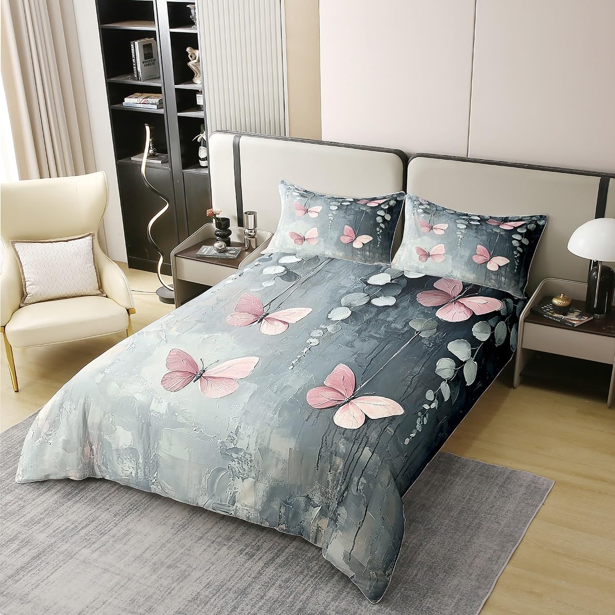 Erosebridal Oil Painting 100% Natural Cotton Bedding Set,Rustic Aesthetics Bed Set,Butterfly Eucalyptus Duvet Cover Twin Size,Wild Animal Plants Quilt Cover with 1 Pillowcase