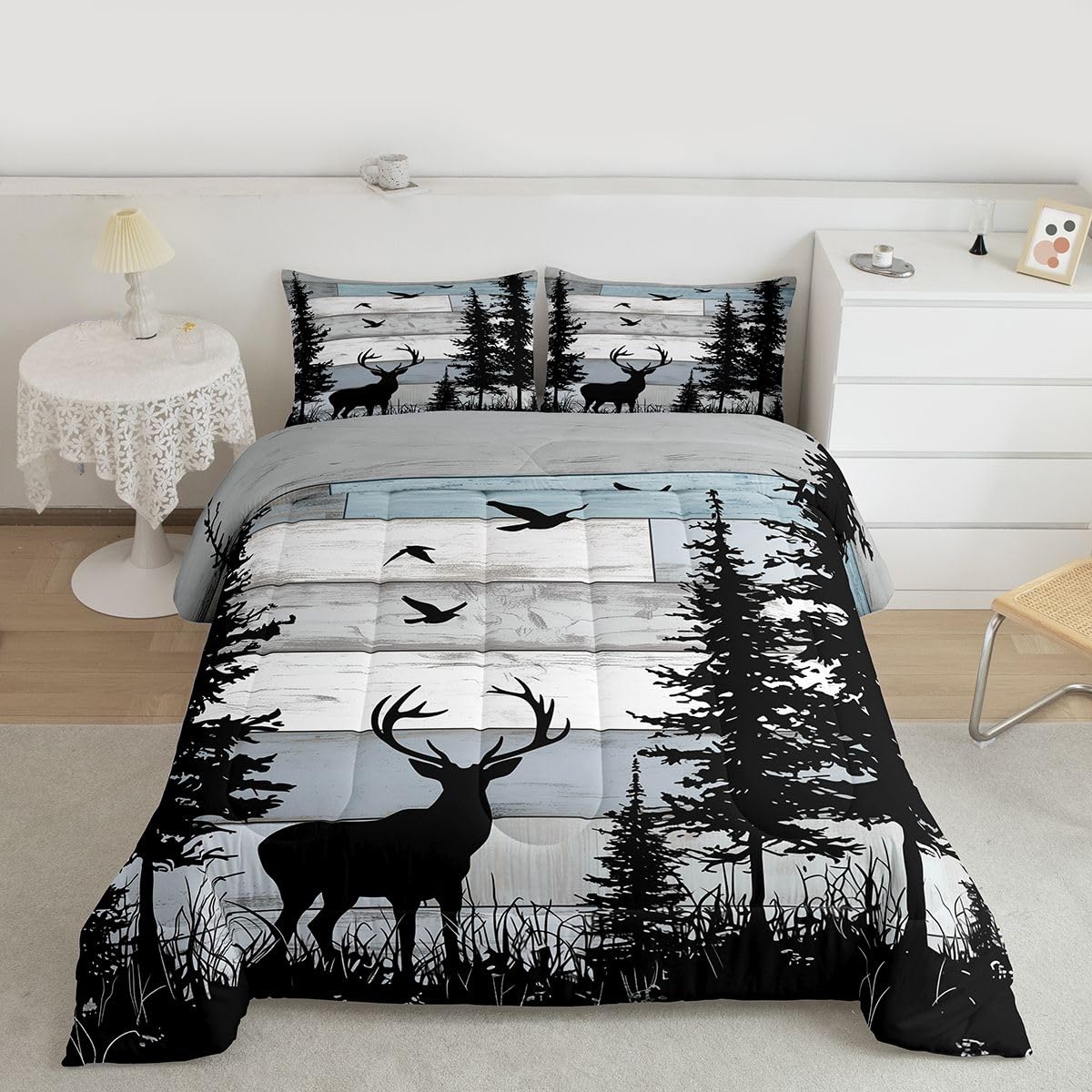 jejeloiu Deer Bedding Set Soft for Boys Girls, Rustic Cabin Country Comforter Set Queen Size Farmhouse Duvet Quilt Microfiber Wild Animal Bedroom Decor 3 Pcs with 2 Pillow Cases