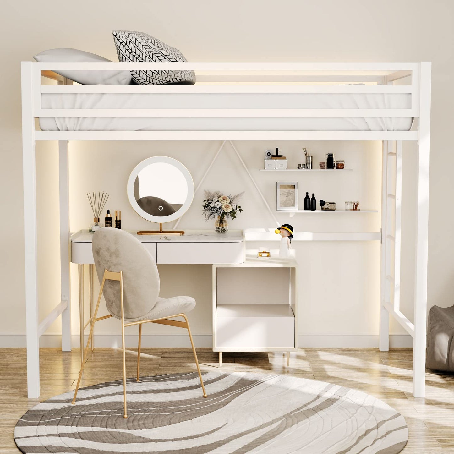 ikalido Metal Loft Bed Twin Size with Safety Guardrail and Ladder, No Box Spring Needed Space Saving Bedroom Furniture,Cream White
