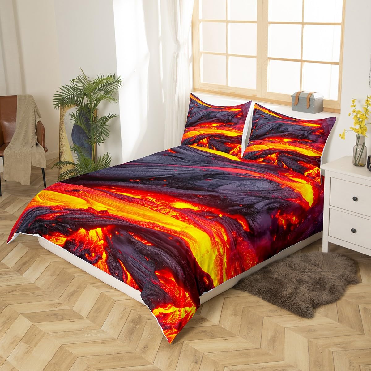 Volcano Bedding Set King 3 Pieces Disaster Printed Pattern Red Yellow Comforter Set Lava Duvet Cover For Adult Boys Men Teen Bedspread With Zipper Ties 1 Duvet Cover +2 Pillowcases, No Comforter