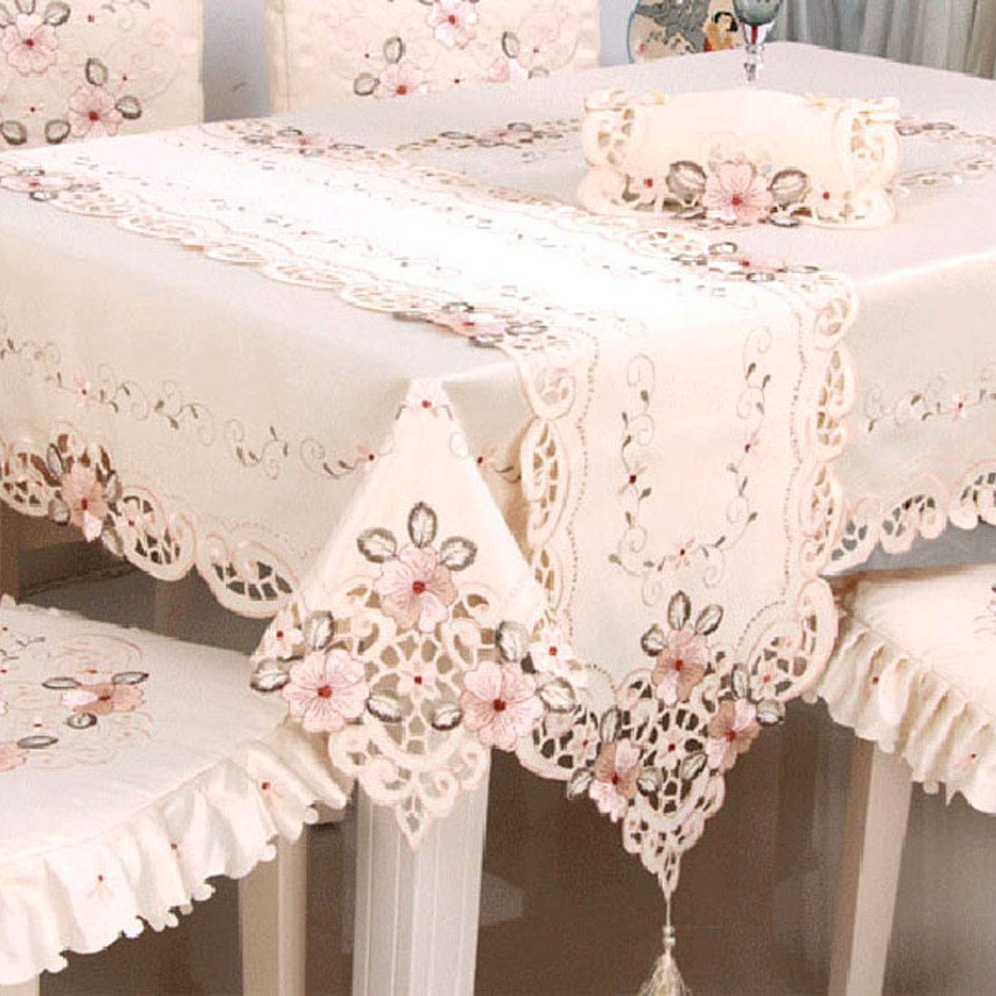 LeLehome 15" X 58" Classic Table Runner, Flower Embroidery Vintage Lace Cream Beige Polyester Fabric Dresser Scarves