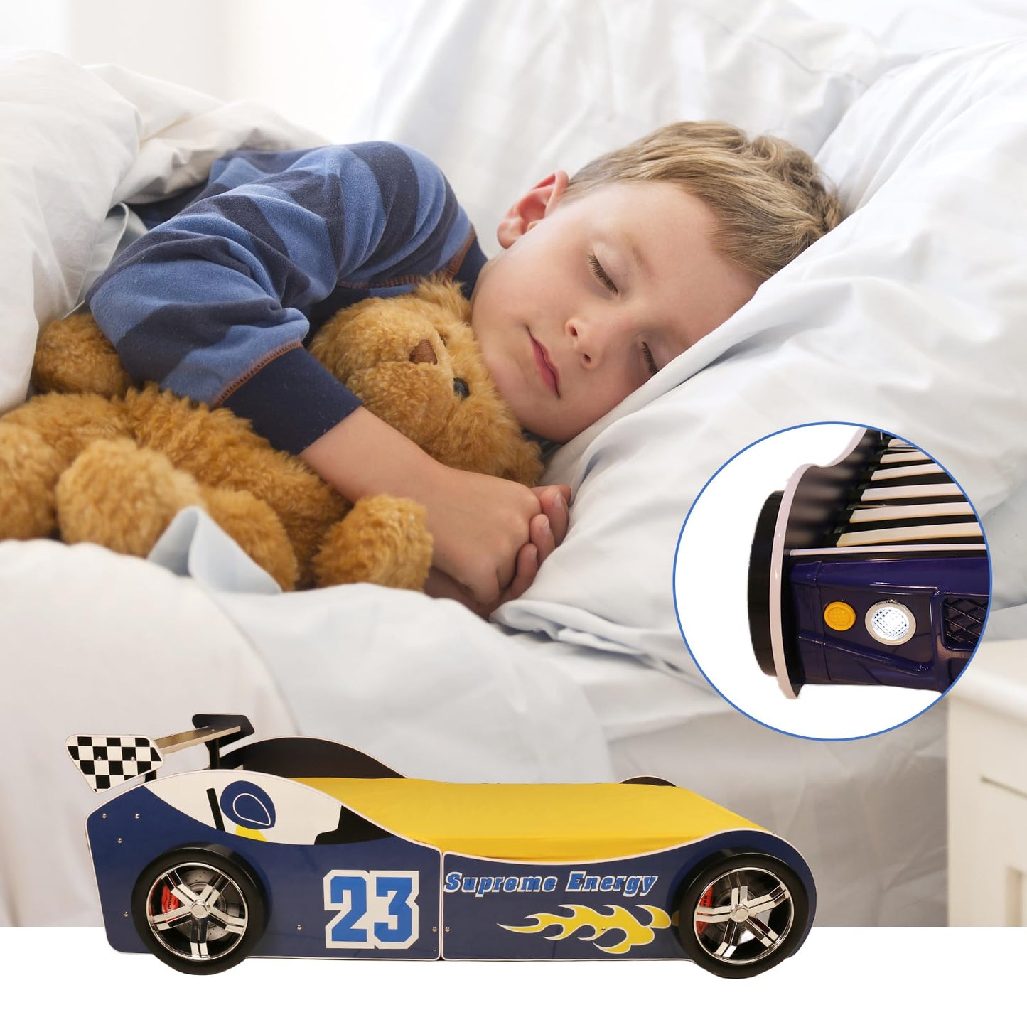 LKTART Car Bed Twin Size for Kids, Race Car Shaped Wooden Platform Bed Frame with Headboard Wheels and Support Slats for Boys Toddlers Child's Bedroom (Blue)
