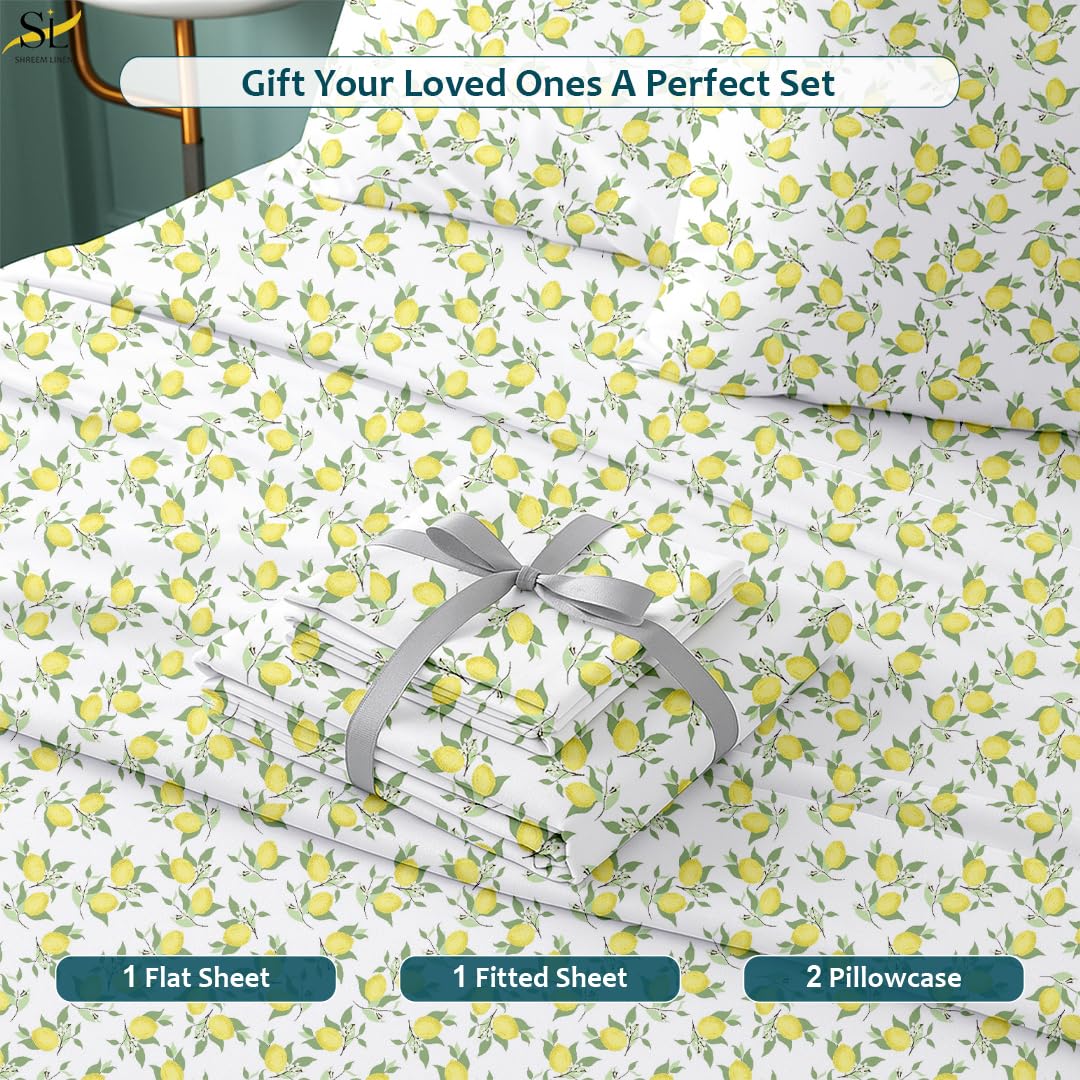 Shreem Linen Queen Sheet Set 4 Piece Bedding, Brushed Microfiber Soft Sheets for Queen Size Bed with Flat, Fitted Sheet, 2 Pillow Cases (LemonPop)