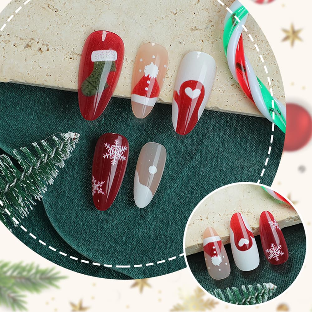 Christmas Press On Nails - Almond Shaped Press On Nails Medium Fake Nails With Snowman Snowflake Socks Heart Designs Acrylic Artificial Glue On False Nail Press Ons Stick On Nails For Women