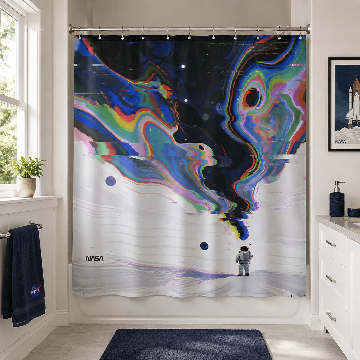 DRIFTED ROOT NASA Licensed Shower Curtain Set, Neon Glitch Astronaut Galaxy Design, Space Poster Art, Oxford Cloth, Bathroom Hotel Decor (Cosmic Glitch-Black, 72" W x 72" L (Pack of 1))