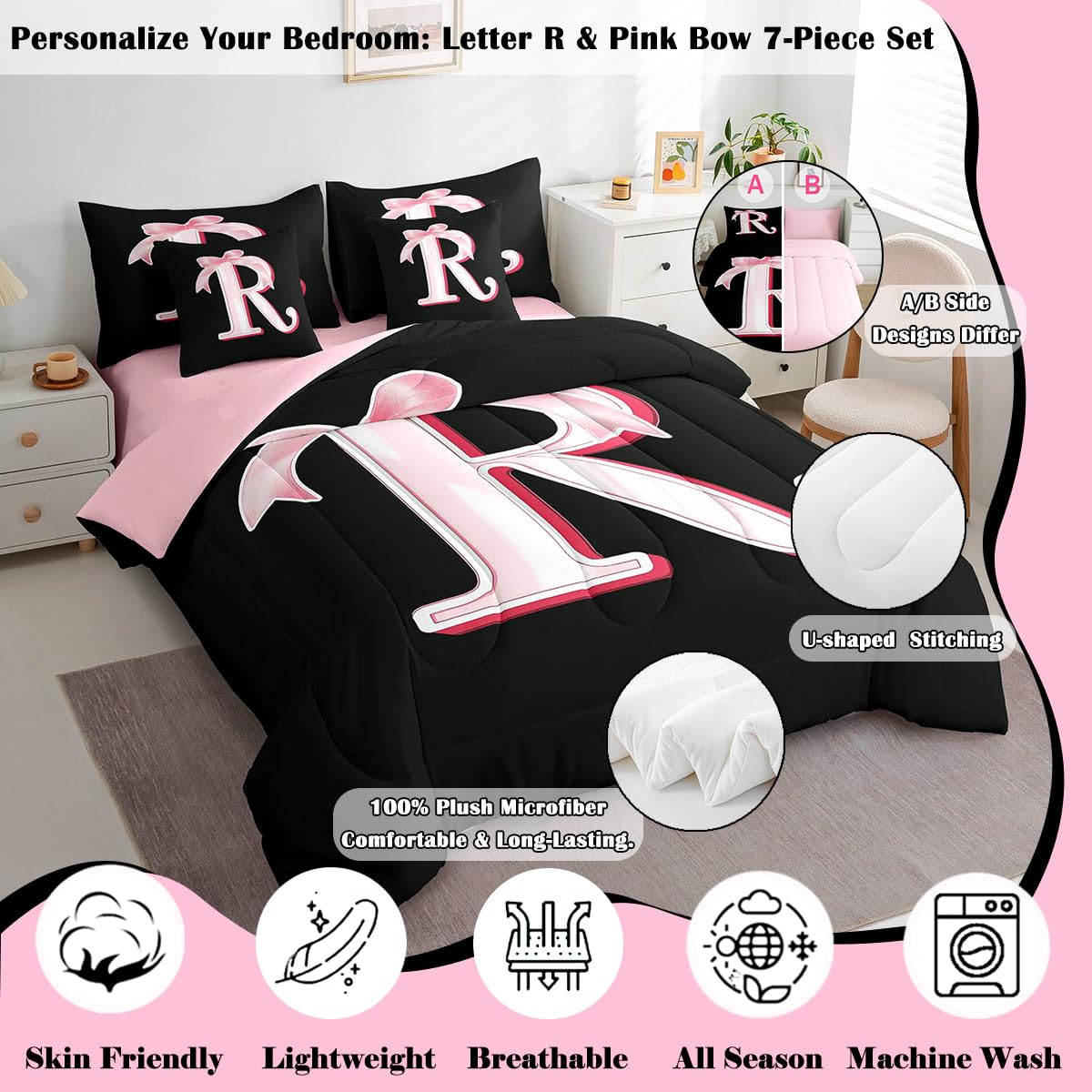 jejeloiu Kawaii Pink Bow Twin Comforter Set with Sheets,Gifts for Women Teen Girl,Personalized Initial Letter R 7 Piece Bedding Set,Soft Monogrammed Bed in a Bag with Comforter,Sheets,Pillowcases