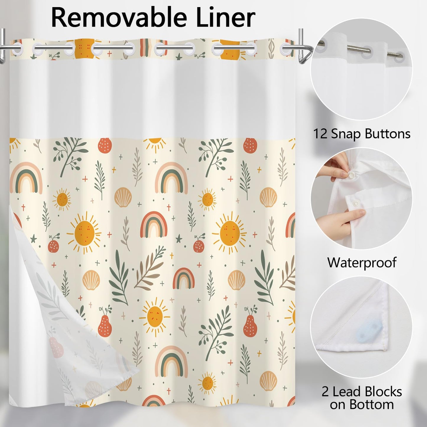 NAEMBCU Boho Kids No Hook Shower Curtain with Snap in Liner 71x74 Inch