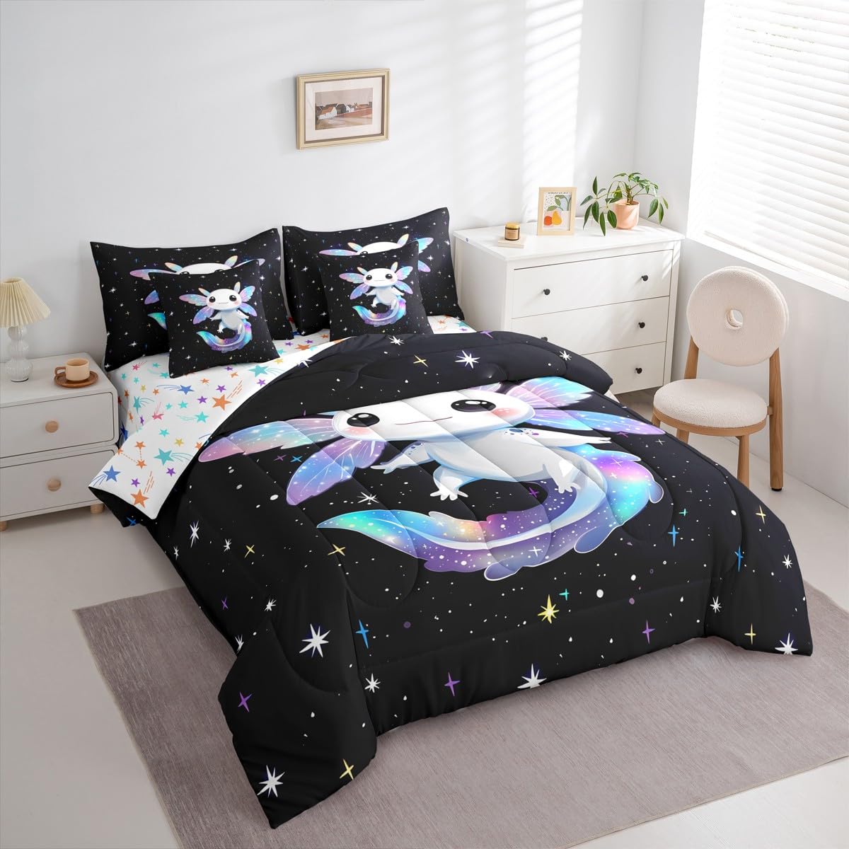 Colorful Axolotl Queen Comforter Set Kids Cute Rainbow Axolotl Bed in a Bag with Flat and Fitted Sheet Sparkle Starry Sky Stars Galaxy 7-Piece Bedding Set Lovely Salamander Quilt Duvet Sets