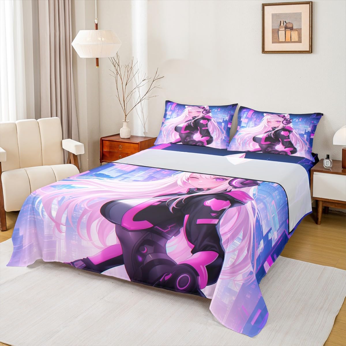 Erosebridal Twin Anime Girl Top Fitted Sheet 3 Piece, Kawaii Japanese Anime Sheet Set Cartoon Girl Bed Sheets Sci Fi Style Japanese Animation Bedding Set for Kids Girls Teens Adult Room