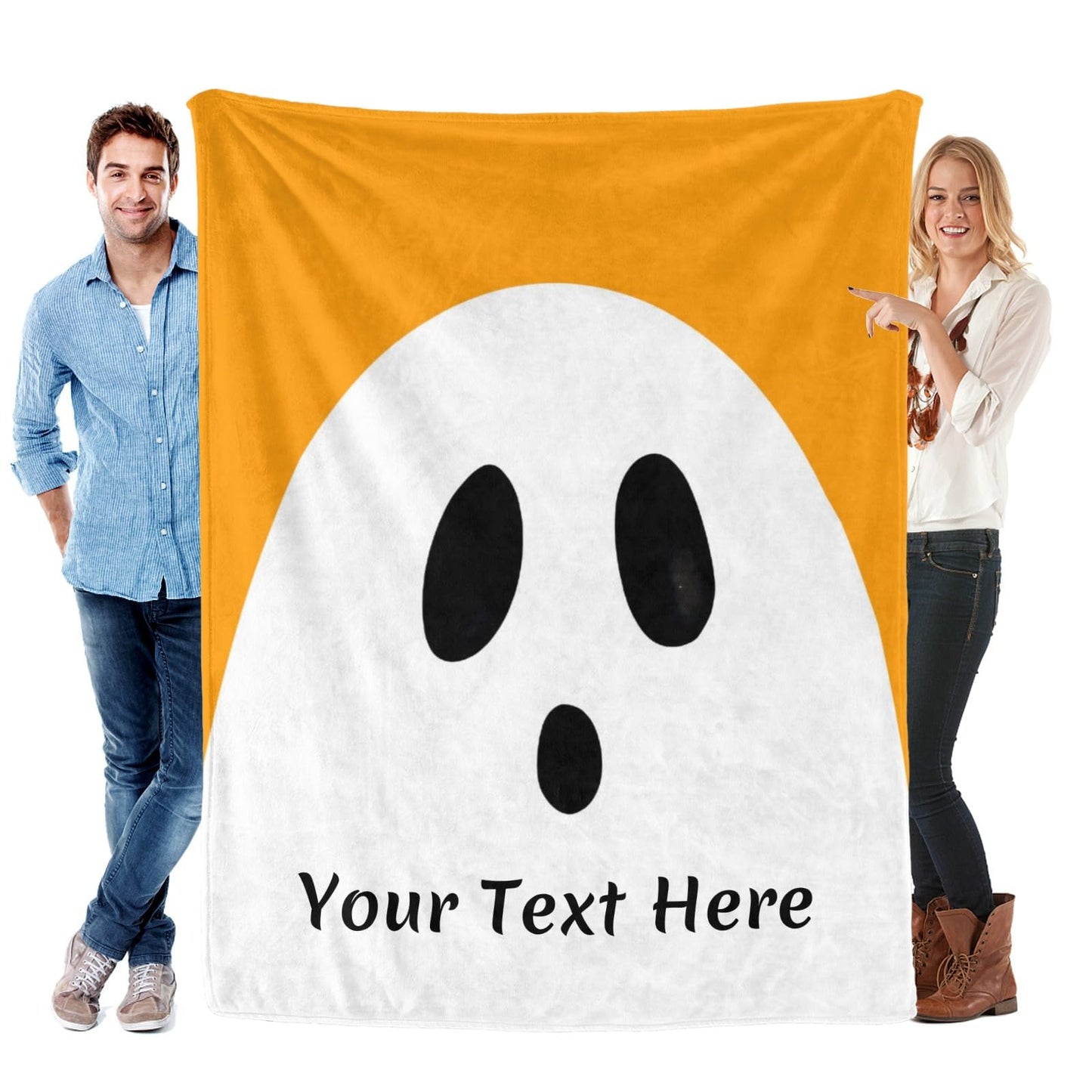 Ghost Throw Blanket Halloween, Personalized Blanket with Text Name, Super Soft Blankets for Couch Bed Sofa, Orange, 50" x 60"