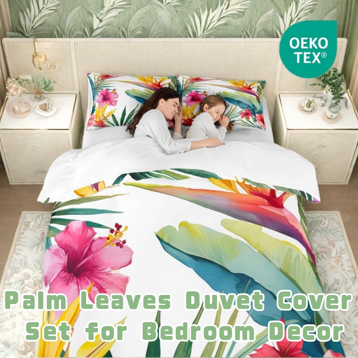 Tropical Tree Plant Duvet Cover Set Queen Size with Zipper Closure, Watercolor Red Hibiscus Flower Pattern Printed Comforter Cover,Palm Leaves Bedding Sets with 2 Pillow Cases,Soft,Green Pink