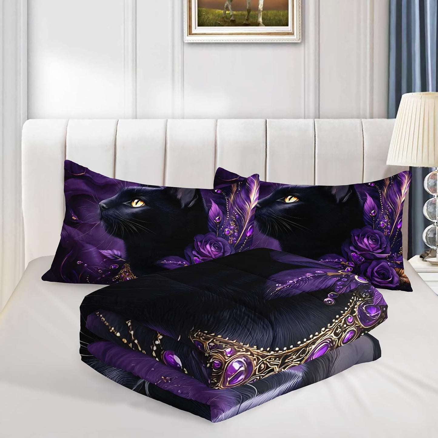 HOSIMA Cat Twin Size Comforter,Black Cat Wearing Diamond Necklace Print Animal Bedding for Women Girls Room Decor,Flowers and Feather Pattern Aesthetic Comforter with 2 Pillowcases.