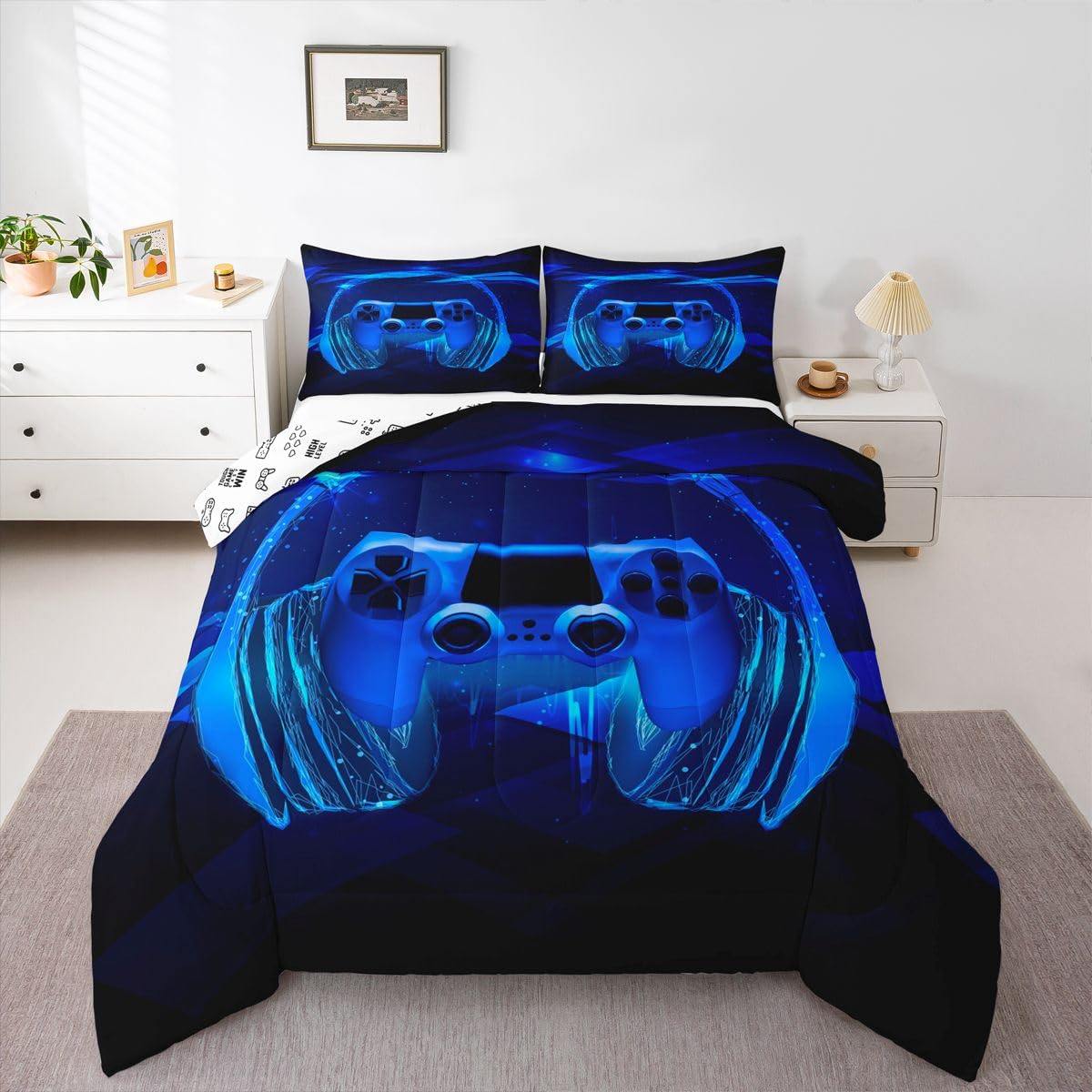 Feelyou Gamer Bedding Set Kids Video Game Gamepad Comforter Set for Boys Teens Gaming Headset Comforter Breathable Blue Game Controller Duvet Set Room Decor Quilt Set Twin Size