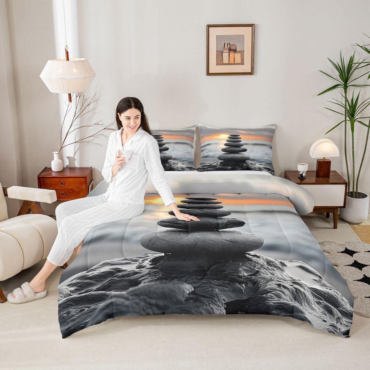 jejeloiu Black Grey Zen Comforter Set All Season Coastal Ocean Beach Bedding Set with 1 Pillow Cases Sunrise Microfiber Kids Toddler Bedclothes Bedroom Decor Duvet Quilt Breathable Soft Lightweight