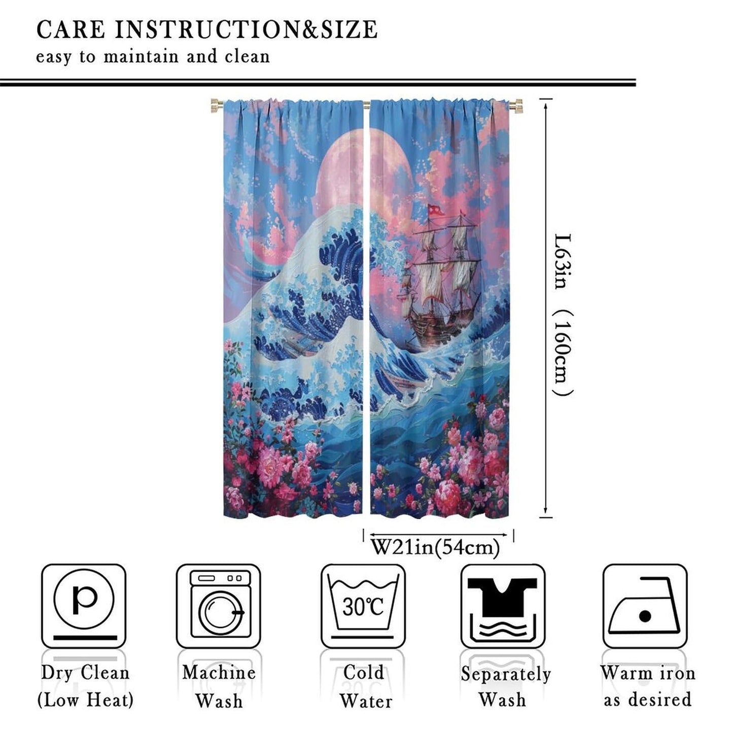 TOWINSFB Asian Sea Wave Blackout Curtains, Nautical Old Ship Floral Moon Home Decor Rod Pocket Window Drapes for Living Room Bedroom- 2 Panels, Each 21" W x 63" L