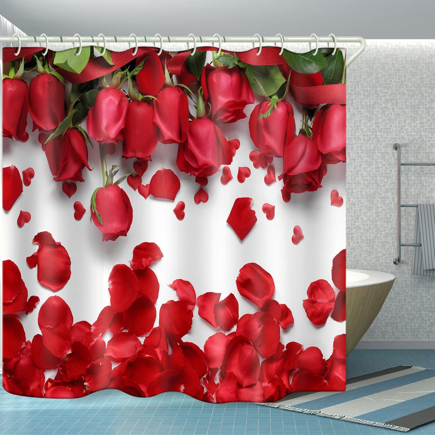 LYFANS Waterproof Fabric Shower Curtains Lining Printed Red Rose Petal Covered Bathtub Bathroom Curtain Includes 12 Shower Curtains Hooks, 59 x 72 Inch Peep Proof Shower Curtain.