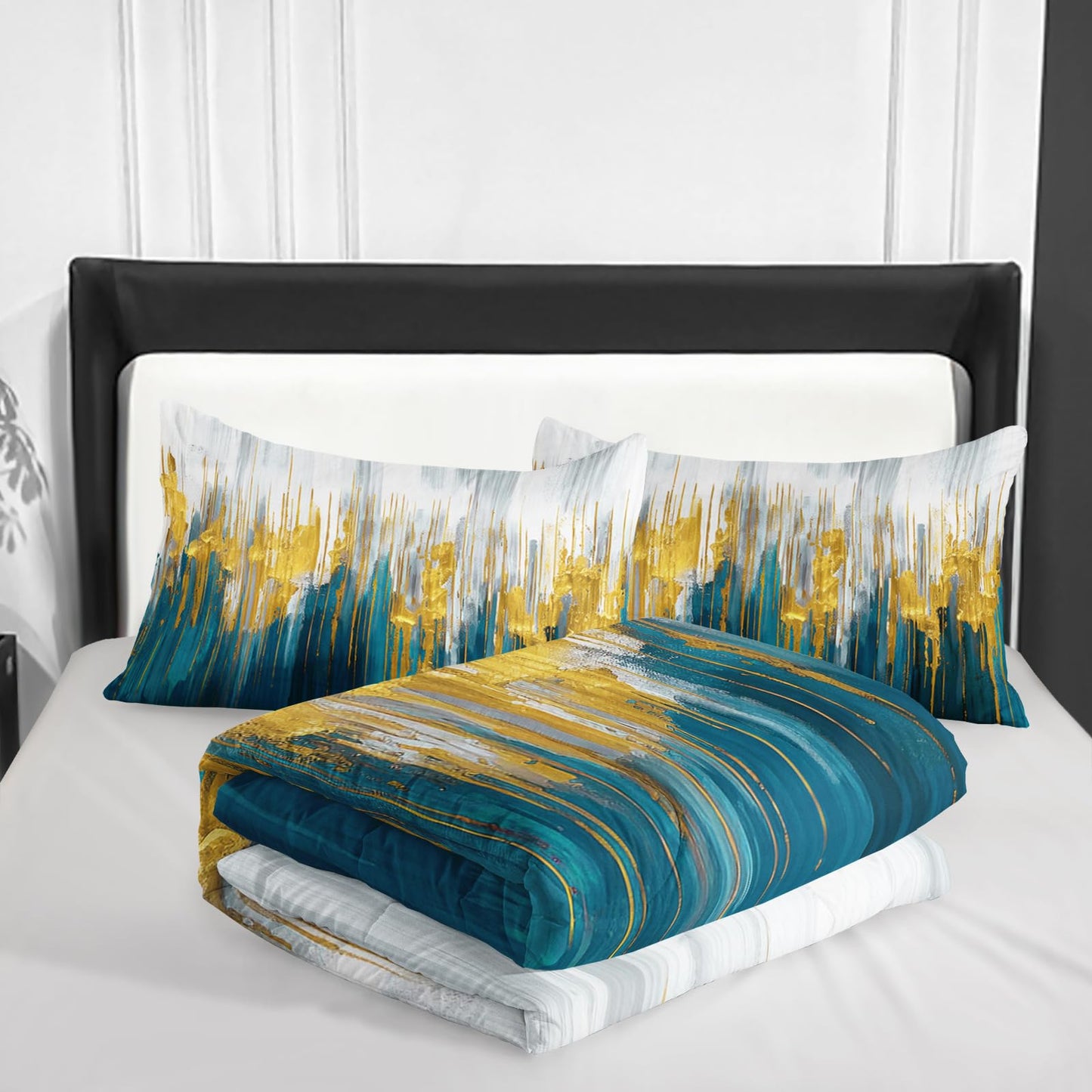 Nttopship Lake Blue White Golden Gradient Print Comforter Set King Size,Abstract Art Bedding Set,Patchwork Printed Quilted Set for Teens Adult,with 1 Comforter and 2 Pillow Case