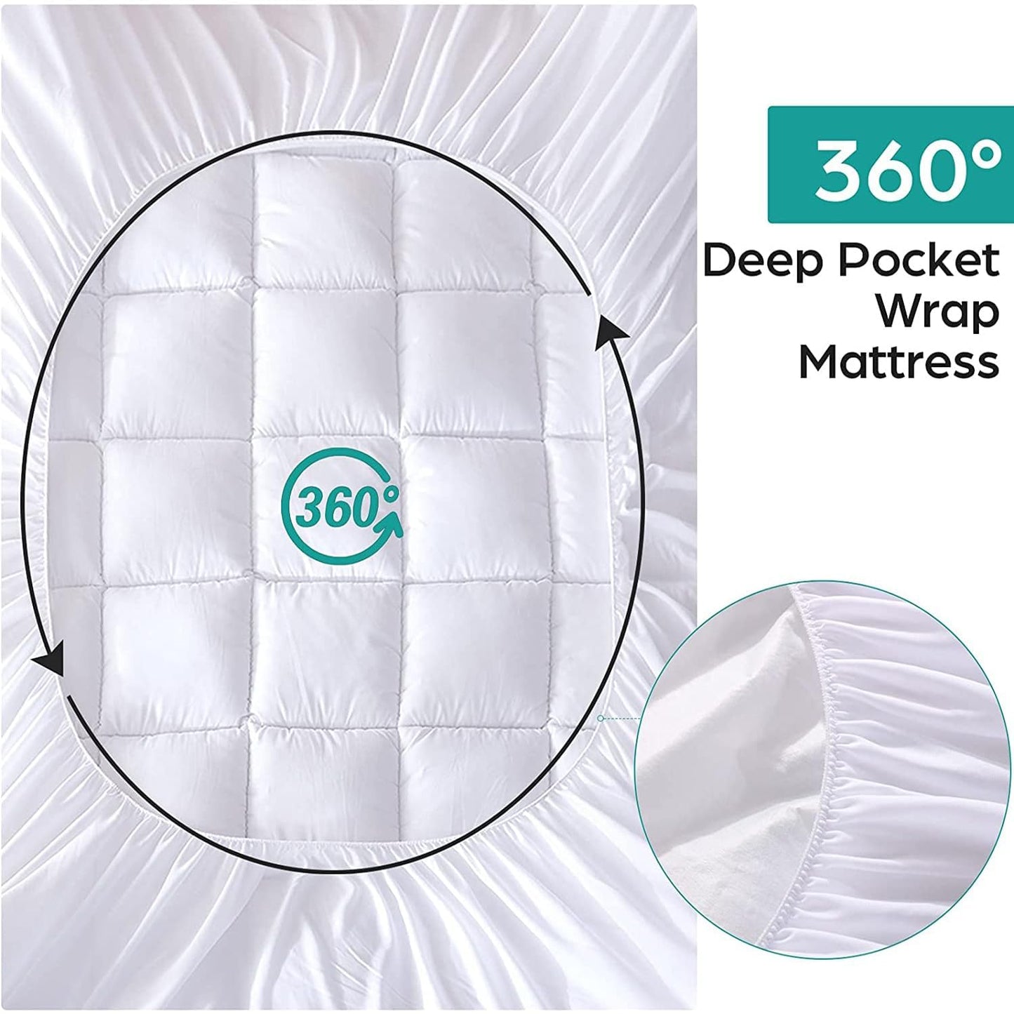 WhatsBedding Waterproof Mattress Topper Queen Size Cotton Top Down Alternative Filling Pillowtop Mattress Topper Cover-Fitted Quilted