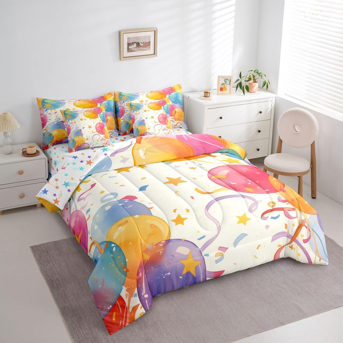 Erosebridal Colorful Balloon 7 Piece Bedding Set Queen Star Pattern Comforter Set with Sheets Birthday Theme Bed in A Bag Rainbow Bed Sets with 2 Pillowcases, 2 Throw Pillow Covers
