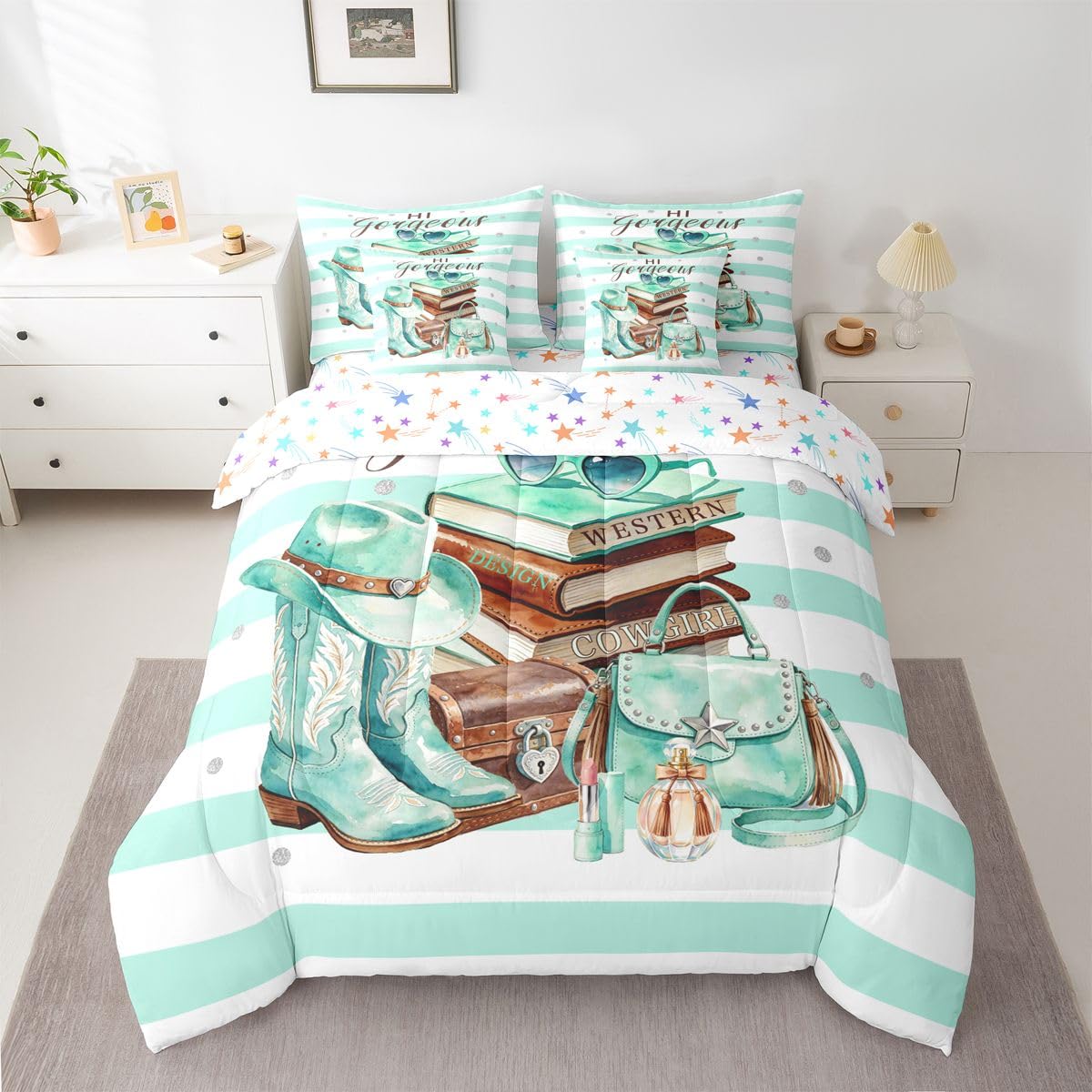 Feelyou Book Comforter Set with Sheets 7 Piece Full Size Green White Bed in a Bag Kids Boys Girls Perfume Bedding Set Stripes Bedroom Decor Western Decor Breathable Soft Lightweight Microfiber