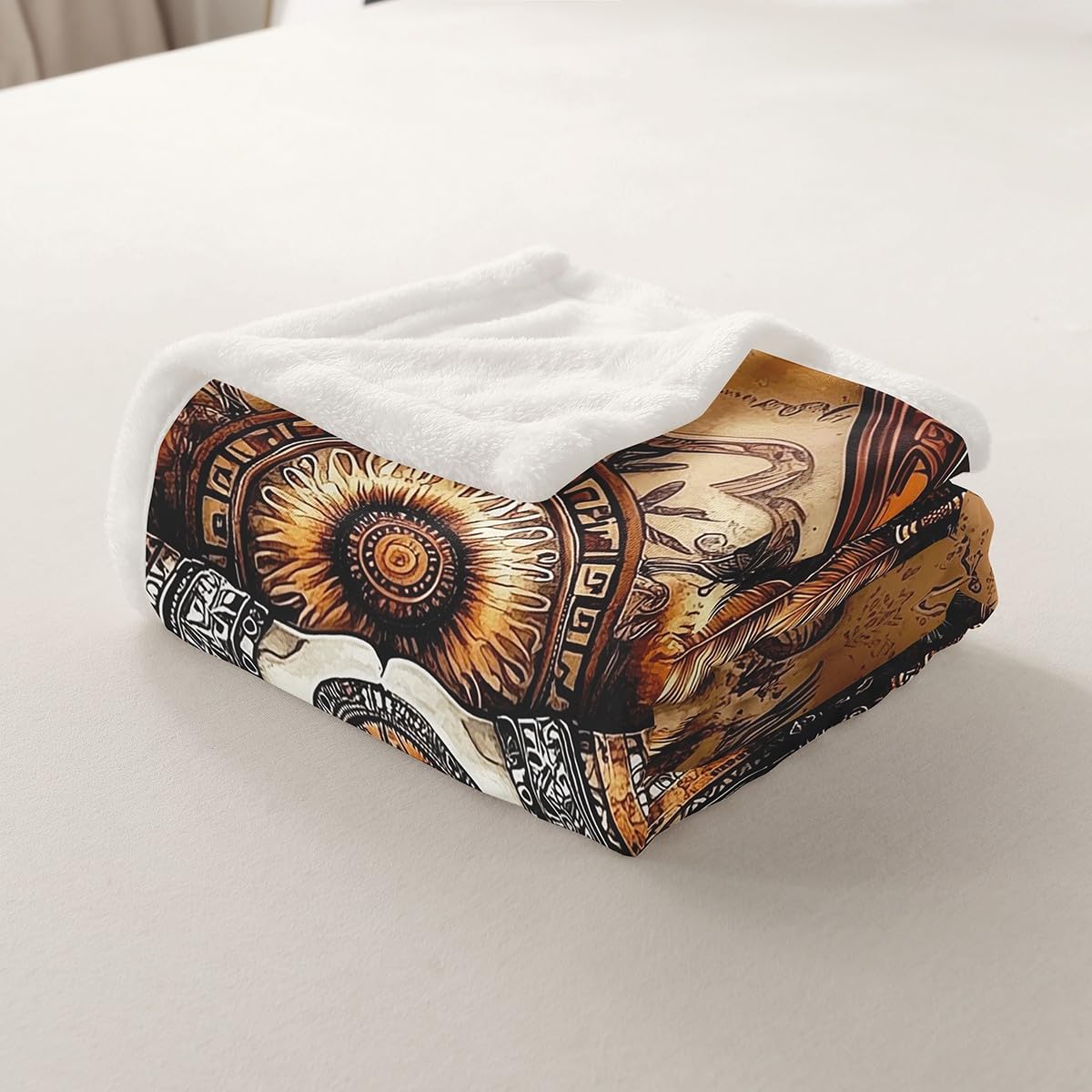 Cow Skull Fleece Blanket Gothic Sherpa Blanket 90"x90", Ethnic Tribal Southwestern Western Exotic Native American Fuzzy Plush Throw