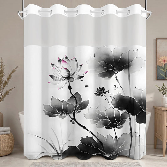 NAEMBCU No Hook Shower Curtain and Liner Set, Black and White Lotus Floral Shower Curtains for Zen Minimalist Spa Bathroom, Waterproof Bath Tub Curtain with Sheer Top Window, 71x74 Inch