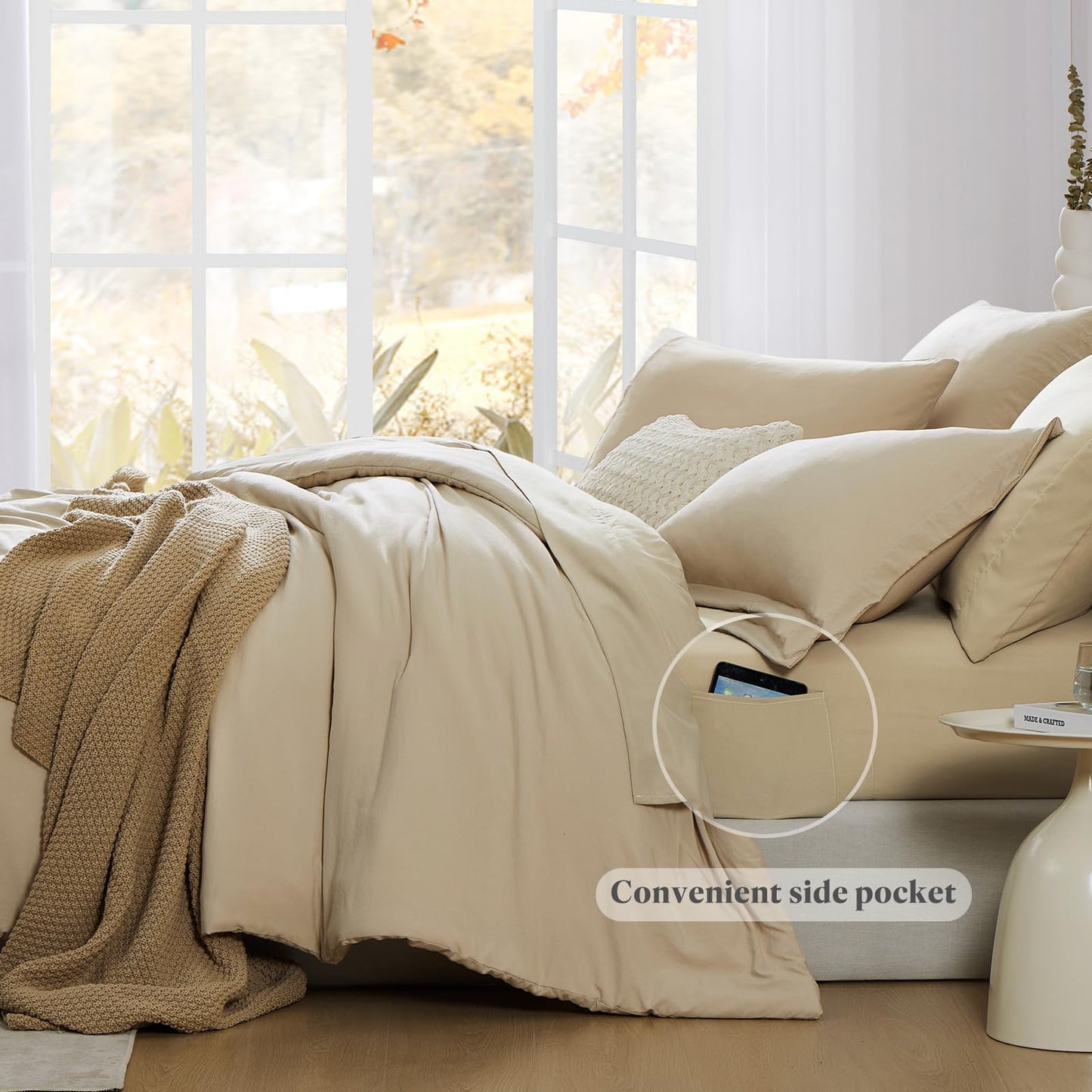 WRENSONGE Queen Comforter Set- 7 Pieces Beige Bed in a Bag Queen with Fitted Sheet, Flat Sheet, 2 Pillow Shams, and 2 Pillowcases- Warm Bed Set for All Season