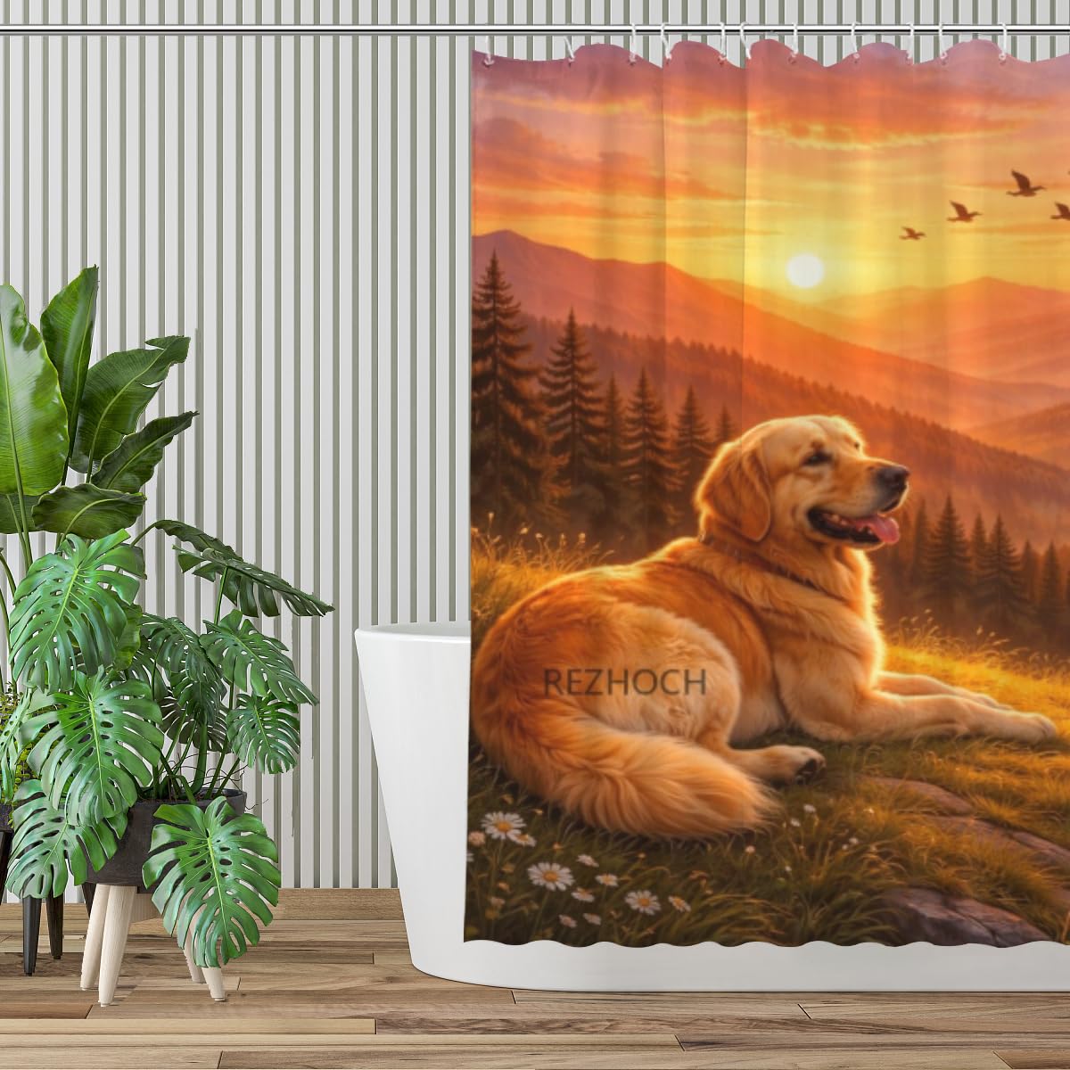 REZHOCH Funn Animal Shower Curtain 72x72Inch,Cute Golden Retriever Sunset Mountain,Nature Forest Warm Spring Sky Birds Bath Set,Waterproof Fabric Home Bathroom Farm Decor with Hooks