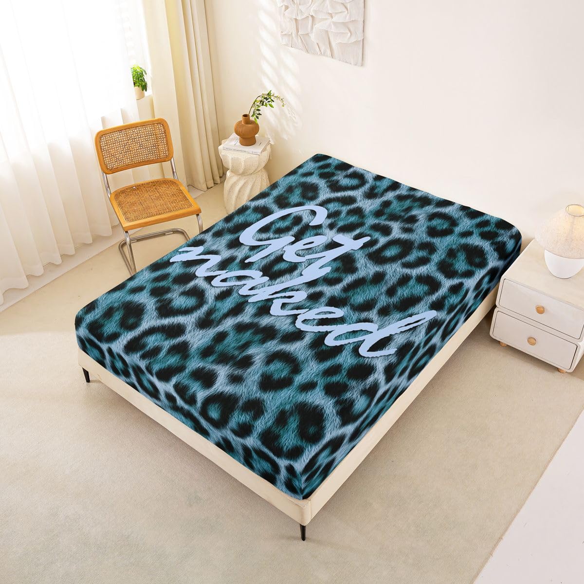 Feelyou Leopard Print Get Naked Fitted Sheet with 2 Pillowcases Full Size Funny Quotes Bed Sheets Set 16" Deep Pocket Boys Girls Blue Bedding Cheetah Teens Bedroom Decor Soft Lightweight Microfiber