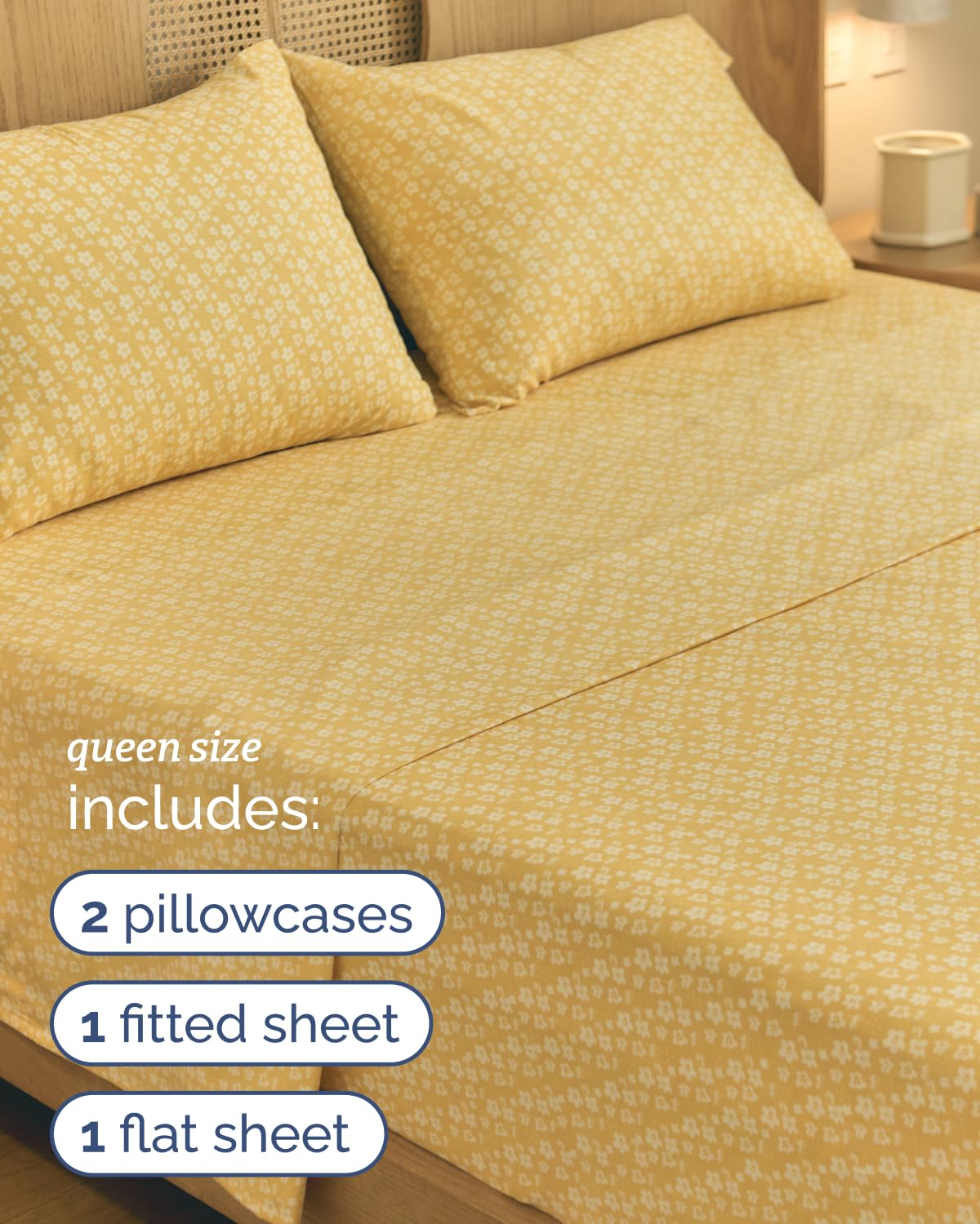 Floral Sheets - Yellow Floral Bed Sheet Set - 1 Flat, 1 Fitted & 2 Pillowcases w/ Deep Pockets - Comfy, Wrinkle & Fade Free - Boho Botanical Bedding - Ultra-Soft, Breathable & Cooling - Queen Size Set