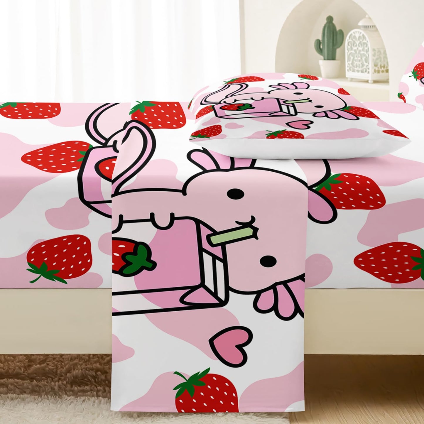 QOOMO Cartoon Axolotl Bedding for Boys and Girls Pink Cow Print Kids Sheets Set Strawberry Milk Breathable Room Decoration Twin Size 1 Fitted Sheet, 1 Flat Sheet, 2 Pillow Cases