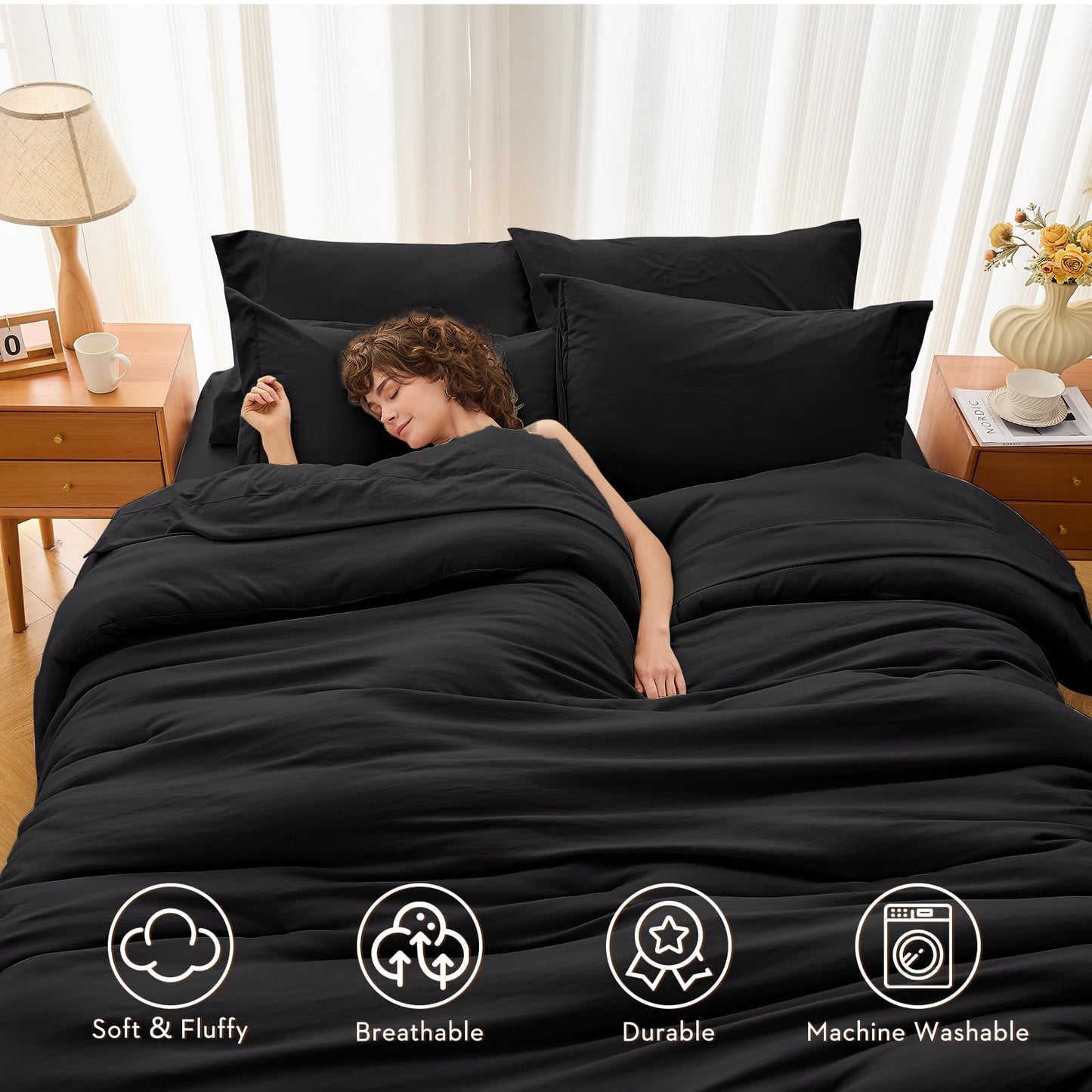 MUXHOMO 7 Pieces King Comforter Set, Soft Bed in a Bag King Size, All Season Bedding Set with Comforter, Flat Sheet, Fitted Sheet, Pillowcases & Shams, Black
