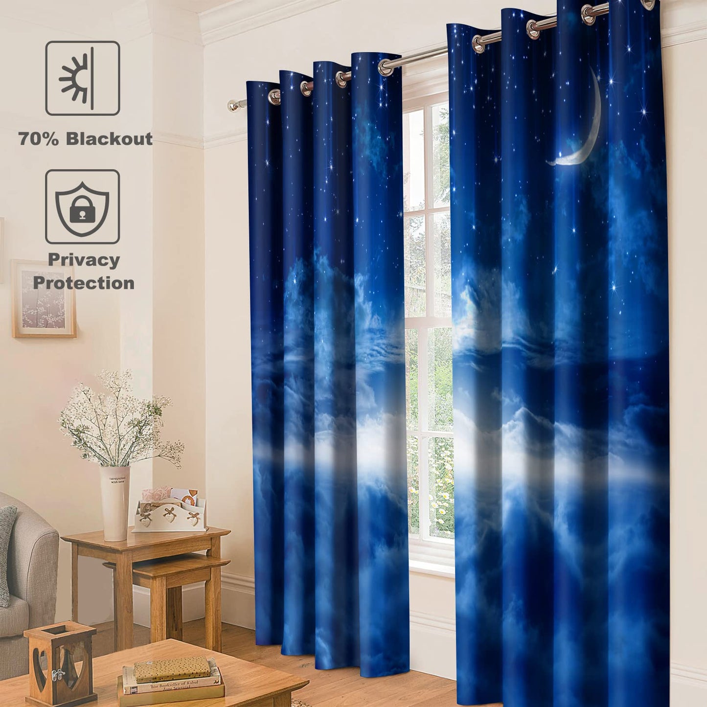 Jekeno Star Night Sky Blackout Curtains Moon and Foggy Clouds Landscape Theme Print Decor Home Bedroom Living Room Darkening Grommet Window Drapes 2 Panel Set, Blue 52"x84"