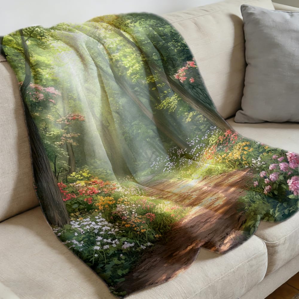 ZHOUSHUTONG Spring Landscape Flannel Throw Blanket, Soft Cozy Warm Blooming Flowers Print Plush Blankets for Couch Bed Sofa, Gift for Nature Lovers 49"x59"