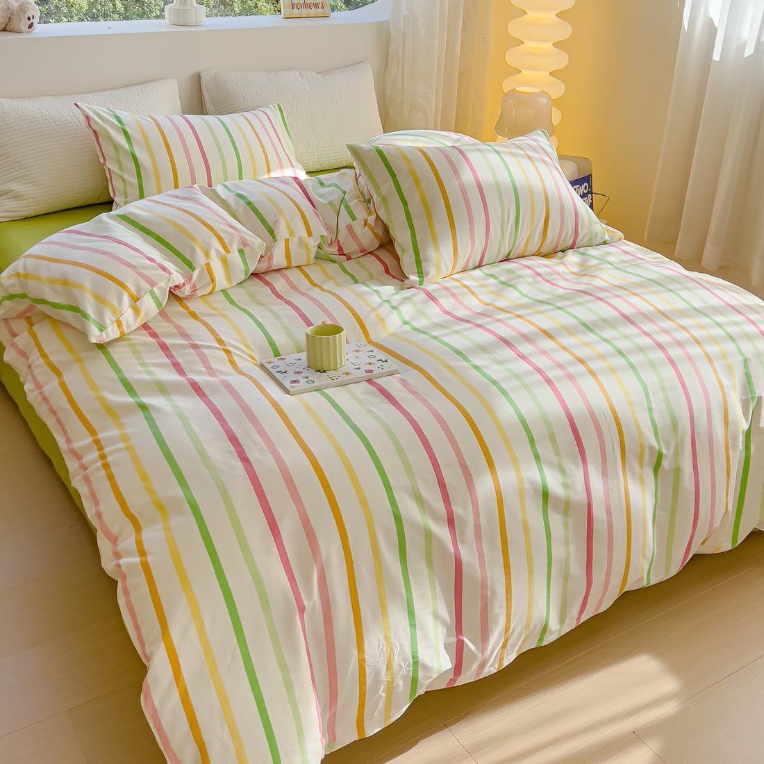 LIWHENHAO Striped Duvet Cover Set Queen 100% Cotton Bedding Red Green Yellow Orange Pink Rainbow Line on White 1 Stripe Geometric Comforter Cover Full 2 Pillowcases for Kids Girls Boys Woman