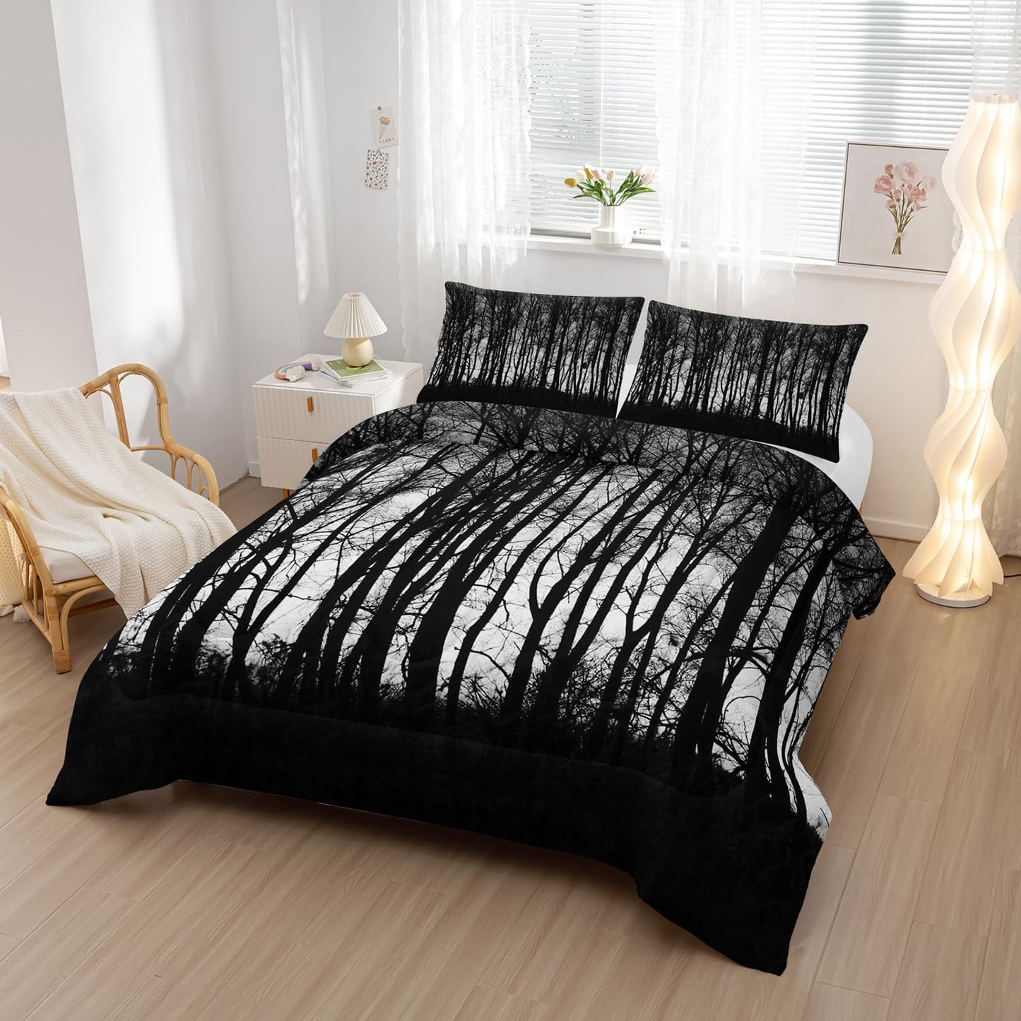 Nttopship Grey Landscape Rustic Woodland Pine Tree Bedding Comforter Sets Twin Size Rustic Farmhouse Bedding Set for Teens Adults Men Bedroom,High Mountain Quilt with 2 Pillow Shams