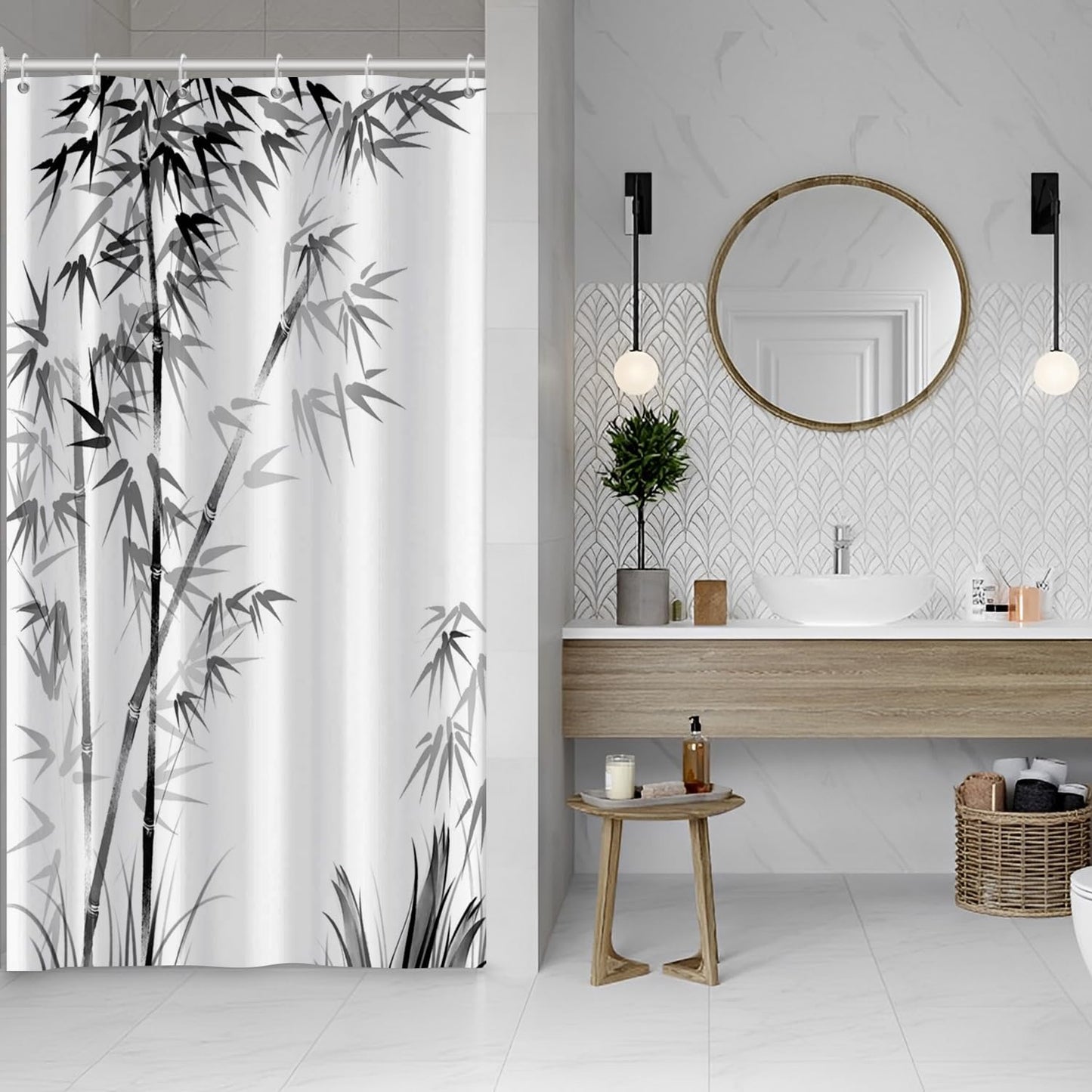 Ruelvth Bamboo Shower Curtain, Aesthetic Ink Bamboo Shower Curtain for Bathroom Waterproof Fabric Black and White Shower Curtain Set with Hooks, 48x72 Inch