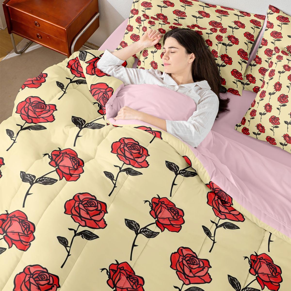 Erosebridal Flower 7 Piece Bedding Set Twin Rose Comforter Set with Sheets Simple Line Drawing Florals Romantic for Kids Boys Girls Red Roses Farmhouse Botanical Bed in a Bag