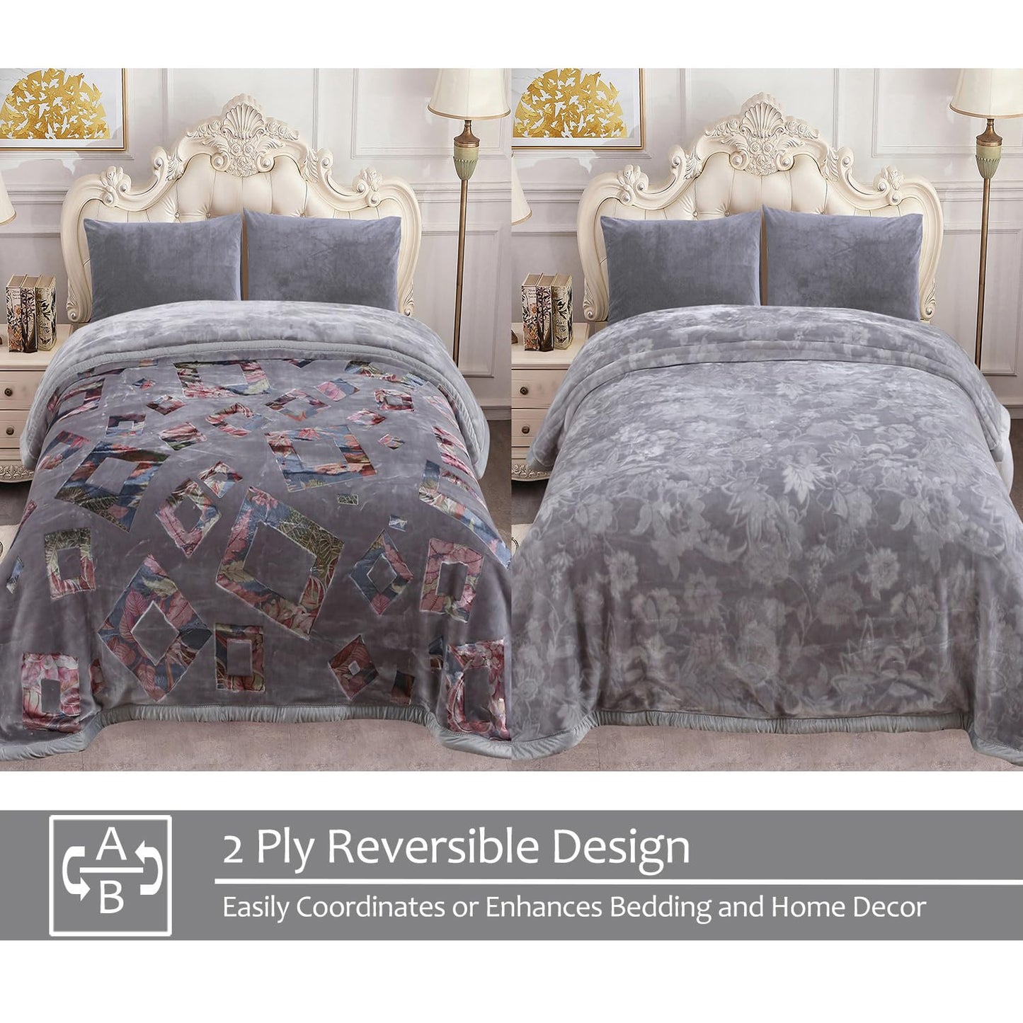 JML Plush Fleece Blanket 87" x 94", 10.5 Pounds Korean Style Mink Blanket King Size for Winter - Soft Thick Warm, 2 Ply A&B Printed Embossed Raschel (Grey Frames)