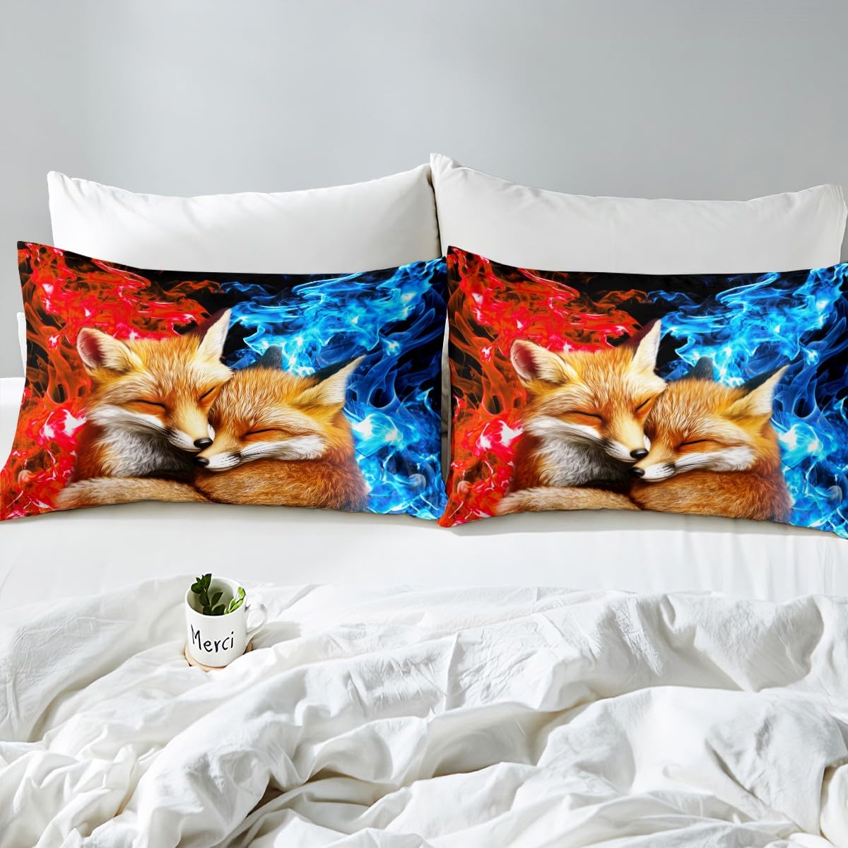 Erosebridal Cute Fox Flat Fitted Sheet Wild Animals Bed Set for Boys,Abstract Art Smoking Bed Sheets Set, Red Blue Bedding Sets Full for Kids Children Home Decor, with 2 Pillow Cases