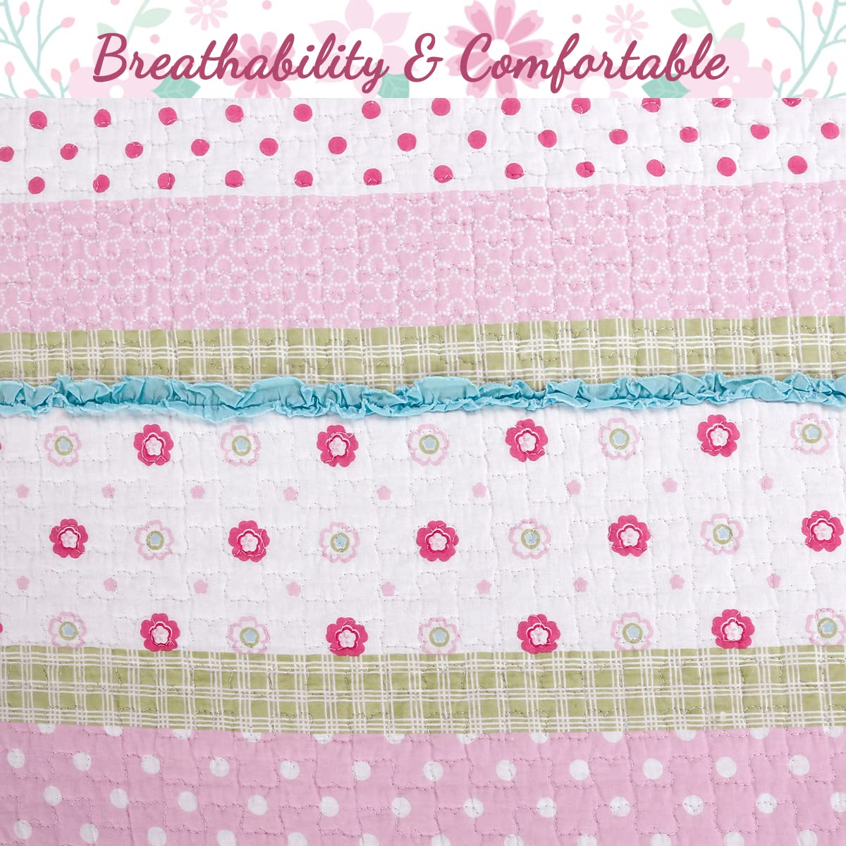 Cozy Line Home Fashions Soft Bright Greta Pastel Design Girl 100% Cotton Reversible Quilt Bedding Set, Coverlet, Bedspread (Queen - 3 Piece)