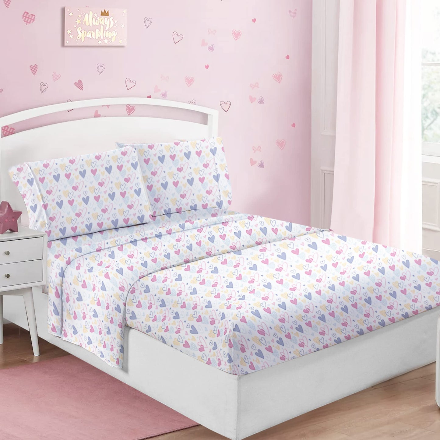 Softan Kids Bed Sheet Set, 4-Piece Full Size Sheets, Microfiber Fitted Sheet with 15 Inches Deep Pocket and Corner Straps, Breathable & Silky Soft Love Heart Pattern Sheet and Pillowcase Sets