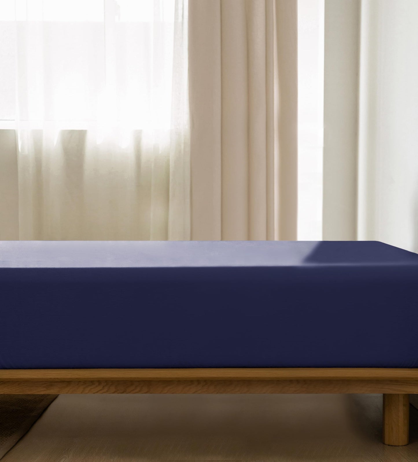 MooMee Fitted Bottom Sheet Only 100% Washed Cotton Linen Like Textured Breathable Durable Soft Comfy Deep Pocket Fits Mattress up to 17" (Dark Blue, Queen)