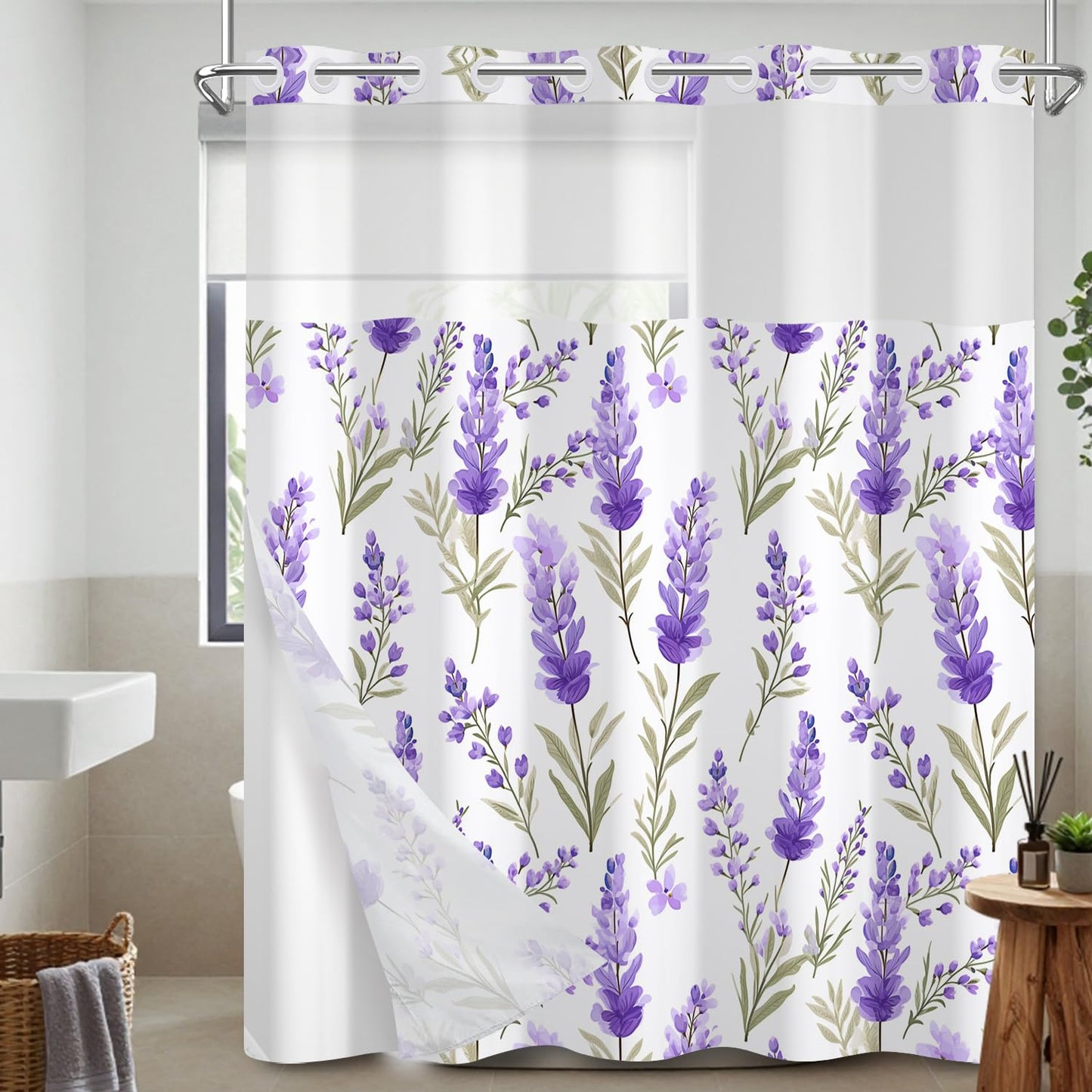 Leowefowa No Hook Shower Curtain and Waterproof Liner Set, Lavender Botanical Bath Curtain, Purple Watercolor Print, Light Fabric Bathroom Curtain with See Through Mesh Top Window, 71x74 Inch