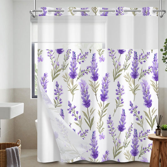 Leowefowa No Hook Shower Curtain and Waterproof Liner Set, Lavender Botanical Bath Curtain, Purple Watercolor Print, Light Fabric Bathroom Curtain with See Through Mesh Top Window, 71x74 Inch